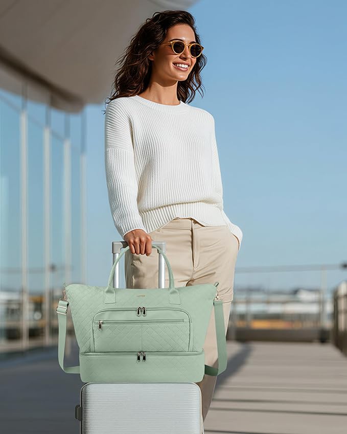 HOTOR Travel Duffle Bag for Women - Carry on Bag with Toiletry Pouch & Shoe Compartment, Large Overnight Weekender Bags for Gym, Business Trips, Sports and Hospital, Green, 17.3" x 7.9" x 13.4"