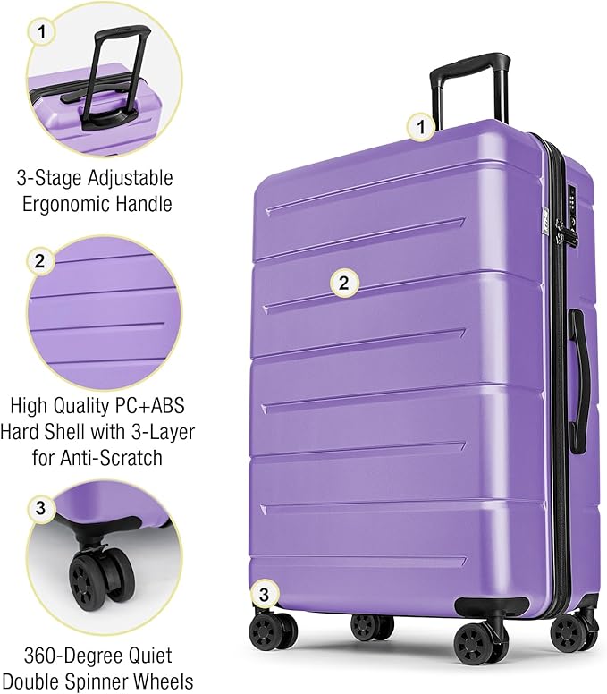 KYME Luggage Sets 3 Piece Hardshell 20"/24"/28" Suitcase with Wheels Hardside Suitcase Set with TSA Lock Large Travel Luggage Set for Women Lt Purple