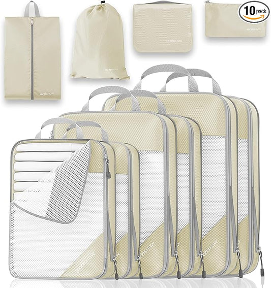 Compression Packing Cubes 10 Set, Compressible Space-Saving Packing Cubes for Travel - Compression Bags, Luggage Organizer, Travel Essentials for Women, Beige