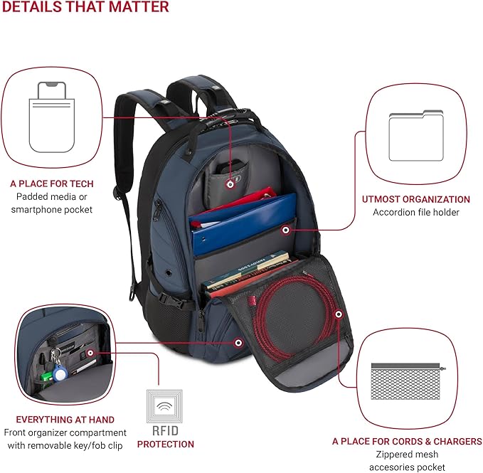SWISSGEAR 1900 ScanSmart TSA Laptop Backpack Fits 17 Inch Laptop with RFID Protection and Tablet Pocket, Blueberry, 19-Inch