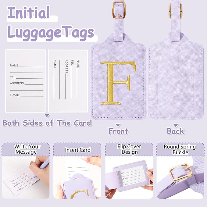 Initial Letter Luggage Tags for Suitcases, Embroidered Monogrammed Suitcase Luggage Identifier Name Tag, PU Leather TSA Approved Luggage Tags, Bag Tags for Men Women Kids Luggage Handbags(Purple F)