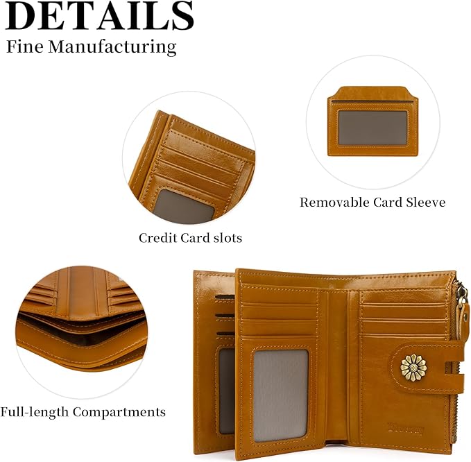 Leather Wallet Women,RFID Blocking Womens Wallet Bifold Compact Card Holder Small Wallet for Women with Removable ID Window LightBrown
