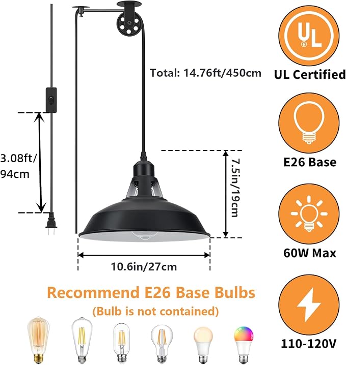 Lomoky Plug in Pendant Light, Hanging Lamp with Black Barn Pendant Lighting with 14.76ft Cord On/Off Switch, Adjustable Pulley Hanging Pendant Lighting for Kitchen Bedroom Restaurant 2 Pack