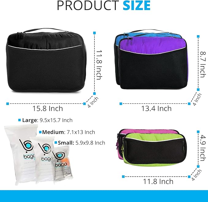 bago 8 Pcs Packing Cubes for Travel - 5 Travel Packing Cubes for Suitcases with 3 ZipLock Bags, Luggage Organizer Bags to Get Maximum Storage, Save Time & Effort to Pack (Black Blue Purple Green Pink)