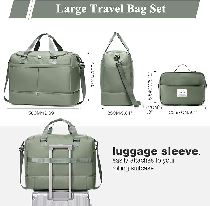 Large Travel Duffel Bag, Weekender Bag for Women with Shoe Compartment & Toiletry Bag, Overnight Carry on Bag for Travel, Gym, Hospital, Business,Green