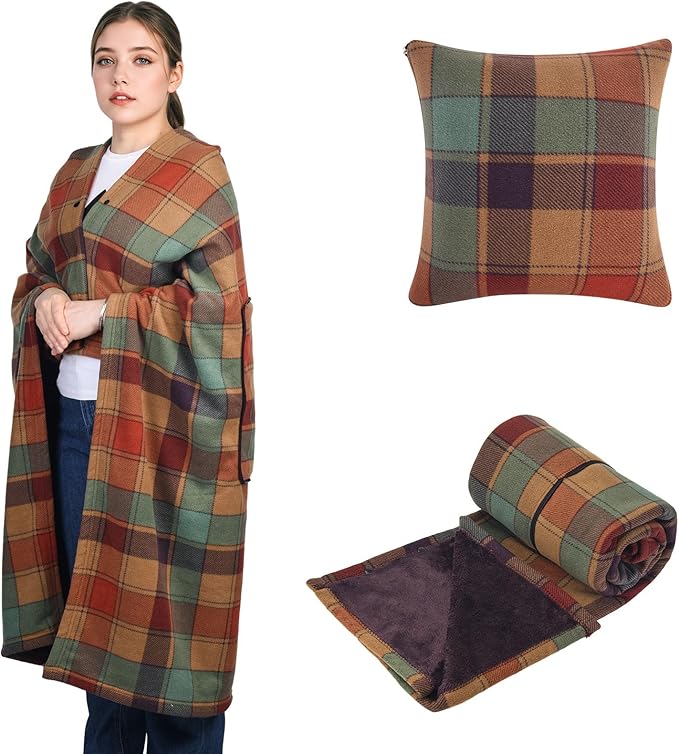 forestfish Wearable Blanket Compact Pillow 2-in-1, Lap Blanket Poncho with Button Plaid Throw Cushion for Home Office Sofa