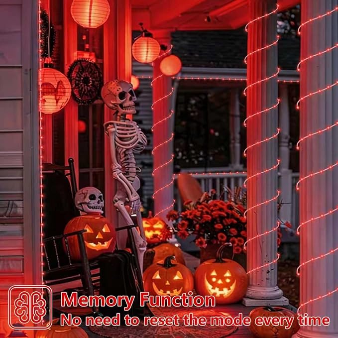 YEGUO Red Solar Halloween Lights, 66ft 200 LED Solar Rope Lights Outdoor Waterproof, 8 Modes Fairy Lights in Clear Thin Tube