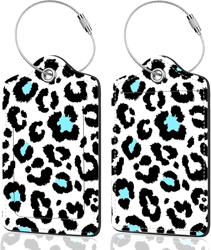 2Pack Luggage Tags for Suitcases, Cute Unique Pu Leather Cruise Luggage Tag with Privacy Cover ID Label Address Card and Metal Ring Suitable for Women Men Kids Travel Bag black leopard print