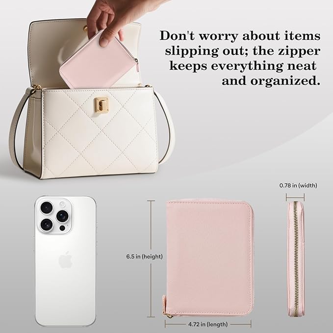 CoBak Passport Holder Cover with Safe Zipper Closure, Premium Passport Wallet for Travel, RFID Blocking Card Case, Waterproof Travel Accessories for Women, Pebbled Pink