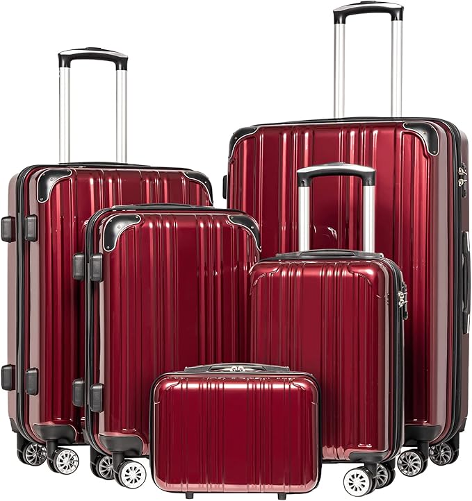Coolife Luggage Sets, 5 Piece Durable Suitcase, Lightweight Carry on Luggage with PC+ABS Hardshell, Dual Spinner Wheels, TSA Lock and YKK Zipper (wine wind new, 5 piece set)