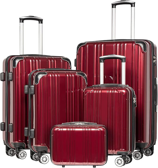 Coolife Luggage Sets, 5 Piece Durable Suitcase, Lightweight Carry on Luggage with PC+ABS Hardshell, Dual Spinner Wheels, TSA Lock and YKK Zipper (wine wind new, 5 piece set)