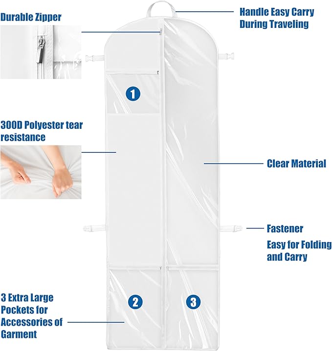 Simple Houseware 70-Inch Long, 8-Inch Gusseted Wedding Dress Garment Bag with Pockets, White