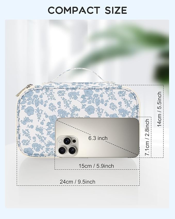Relavel Travel Makeup Bag, Small Floral Cosmetic Bag with Makeup Brush Compartment, Portable Makeup Pouch for Women, Double Layer Makeup Organizer Bag Cute Toiletry Bag