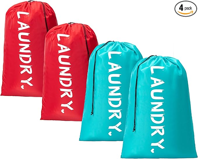 4 Pack XL Travel Laundry Bag, Machine Washable Dirty Clothes Organizer with Drawstring,Large Enough to Hold 4 Loads of Laundry, Easy Fit a Laundry Hamper or Basket Travel Essentials 24" x 36"