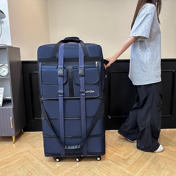 130L Expandable Luggage, 40 Inch Suitcase with Wheels, Collapsible Luggage with Wheels, Rolling Duffle Bag with wheels,Foldable Suitcase with2Handle Wrap 2Fixing Straps 1Shoulder Strap (Blue)