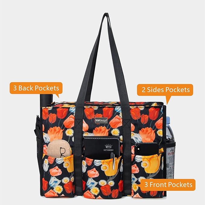 TOPDesign Utility Water Resistant Tote Bag with 13 Pockets, Top Zipper Closure & Thick Bottom Support, for Working Women