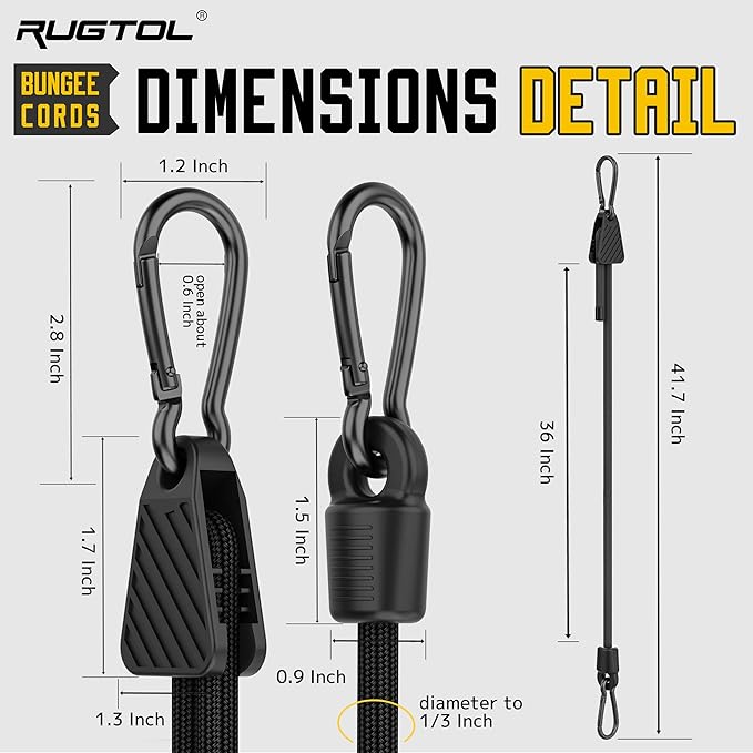Rugtol Adjustable Bungee Cords with Hooks, 6 Pack Heavy Duty Outdoor Carabiner Bungee Cord, Black Super Elastic Bungee Straps Easily Adjust from 7" to 36", Great for Cargo, Camping, Bike Racks, Tents