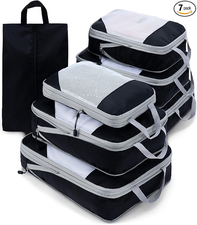 Meowoo 7 Set Compression Packing Cubes for Travel, Durable Ripstop Mesh Suitcase Organizer with Shoe Bag, Ultralight & Expandable Space Saver Travel Cubes