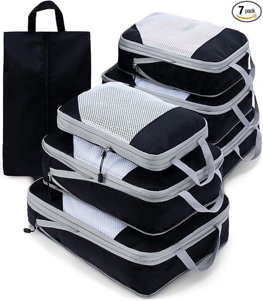 Meowoo 7 Set Compression Packing Cubes for Travel, Durable Ripstop Mesh Suitcase Organizer with Shoe Bag, Ultralight & Expandable Space Saver Travel Cubes