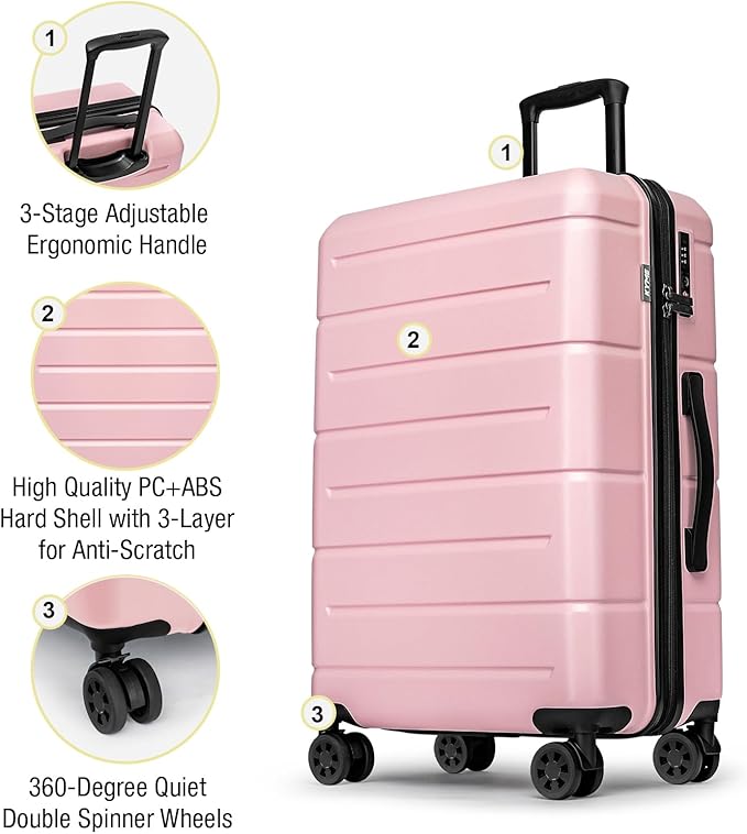 KYME 24 Inch Luggage TSA Approved Hardshell Suitcases with Spinner Wheels Durable PC+ABS Medium Checked Travel Luggage for Women Men Lt Purple