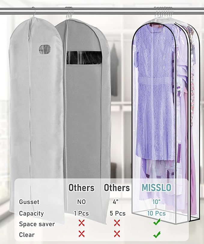 MISSLO 10" Gusseted All Clear Garment Bags for Hanging Clothes 60" Dress Bags for Gowns Long Fur Coat Closet Storage Covers, 3 Packs
