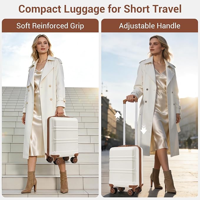 Kono 15'' Underseat Carry On Luggage Airline Approved, Anti-Scratch PC+ABS Hardshell Carry on Suitcase with Smooth Spinner Wheel, Lightweight Overnight Carry on for Short Travel, Cream White