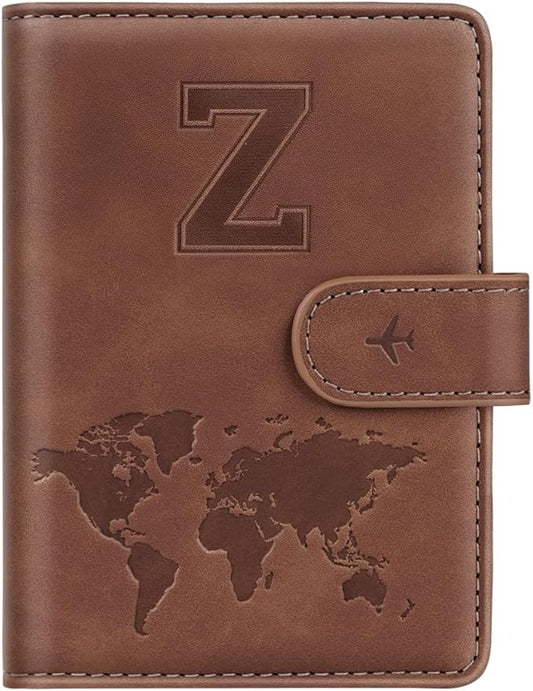 Passport Holder Cover Personalized Initial Letter A-Z Travel Wallet RFID Blocking Passport Cover Holder for Travel Passport Book Holders for Women and Men, Brown-Z