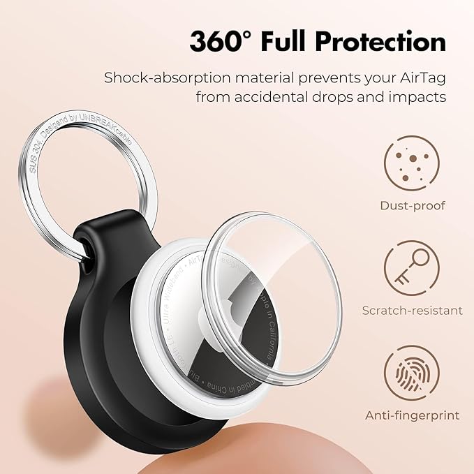 UNBREAKcable 360° Protective Holder for AirTag, [4-Pack] AirTags Keyring [Full Cover] [Scratch-Resistant] [Pefect Fit] [304 Stainless Steel] Keychain for AirTag TPU Case for Key, Luggage, Pet Collar