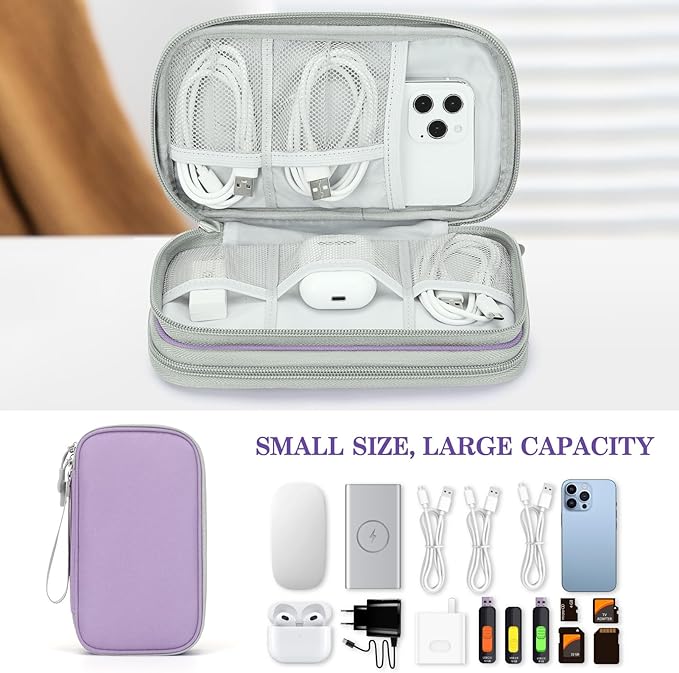 FYY Electronic Organizer, Travel Cable Organizer Bag Pouch Electronic Accessories Carry Case Portable Waterproof Double Layers Storage Bag for Cable, Charger, Phone, Medium Size, Light Purple