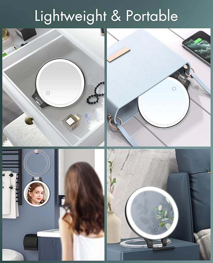 FASCINATE Magnifying Mirror 10X 1X Double Sided Magnification Makeup Vanity Mirror Rechargeable Lighted Mirror with 3 Color Setting Adjustable Rotation LED Vanity Desk Mirror