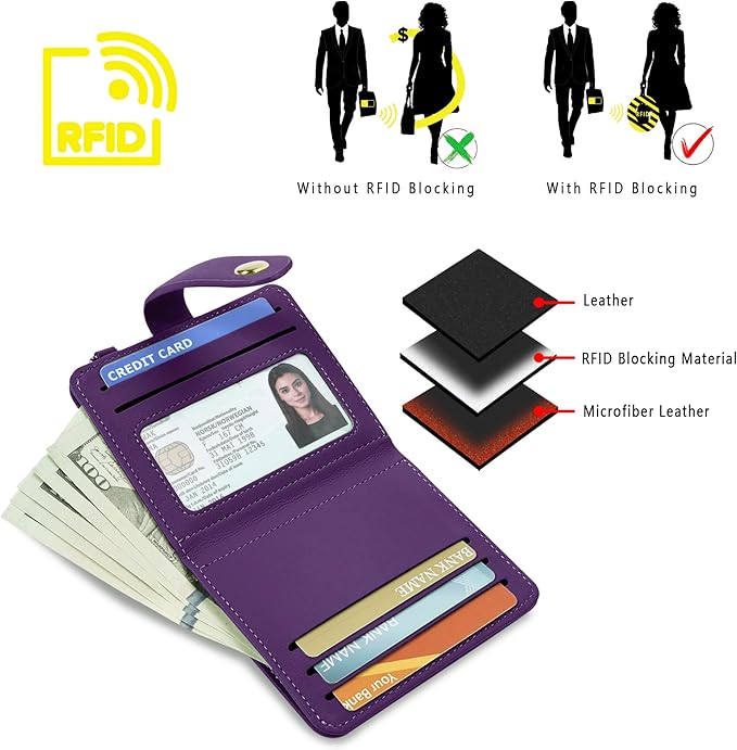 Airkit Small Wallets Woman RFID Blocking Leather Credit Card Holder - with ID Window - Card Wallets for Women - with Zipper Coin Purse - Keychain Wallet