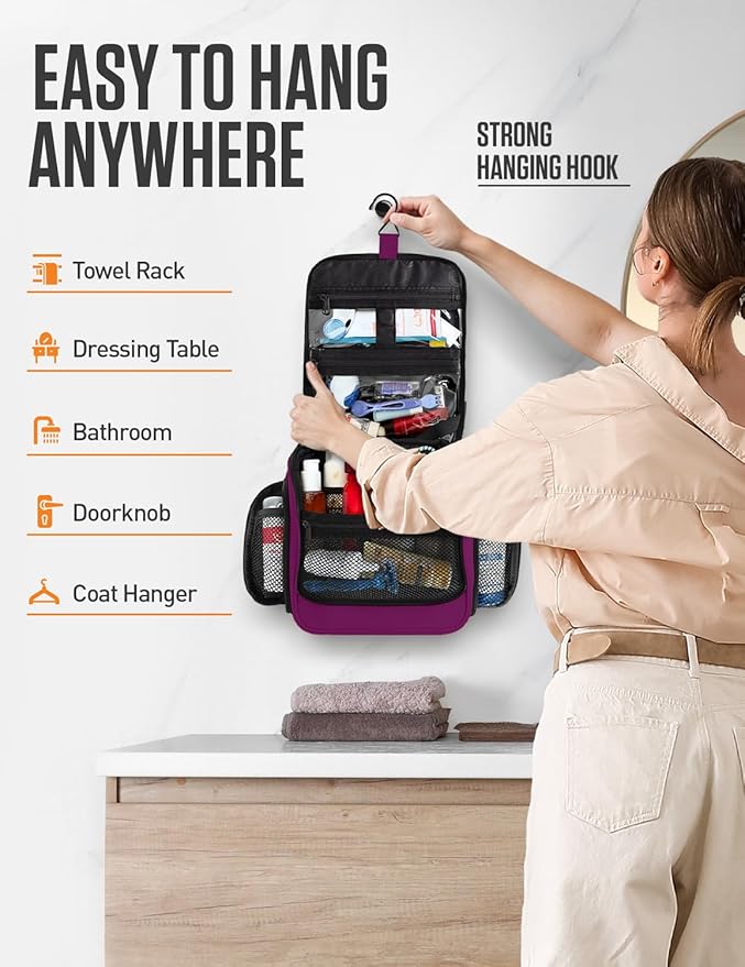VENTURE 4TH Hanging Travel Toiletry Bag for Women & Men – Large Toiletry Organizer with 18 Compartments, Removable TSA Pouch, Travel Wash Bag for Toiletries, Makeup & Shaving Kit (Purple)