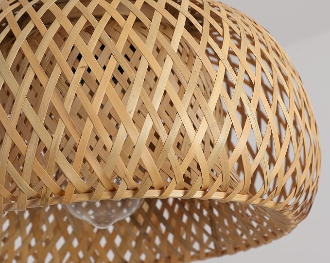 Bamboo Plug in Pendant Light with 14ft Handmade Woven Light Cord, Dimmable Switch, Boho Basket Hanging Lamp for Bedroom Kitchen Island Decor Farmhouse Living Room