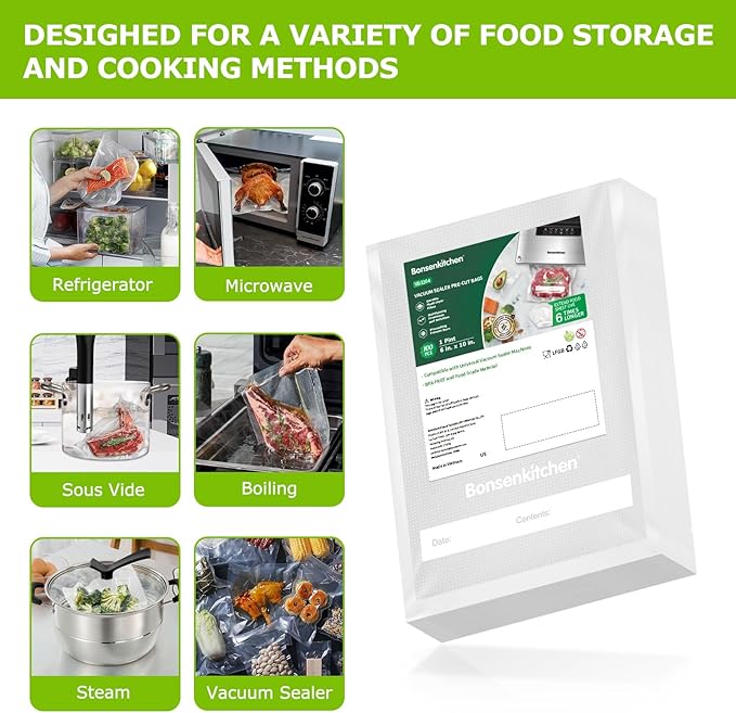 Bonsenkitchen Precut Vacuum Food Sealer Bags 100 Pint 6" x 10", BPA Free, Commercial Grade Textured Food Vacuum Sealer Bag, Thick Embossed Bags for Food Storage and Sous Vide Cooking VB3204