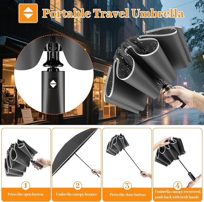 ExploreBliss Travel Umbrella Superior, Beautiful & Compact, Large Strong but Light Portable and Automatic Folding Rain Umbrella, Premium Grip, Fits Car & Backpack