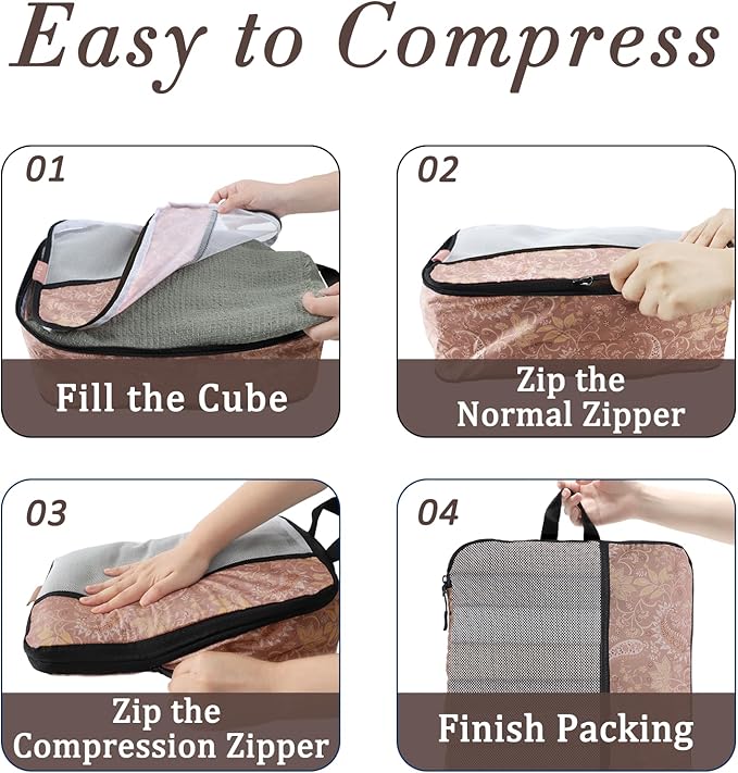 U+U 4 Set Compression Packing Cubes - Ultralight Travel Organizers, Space-Saving Suitcase Organizer, Expandable Packing Cubes for Travel and Family Vacation (Paisley Pattern)