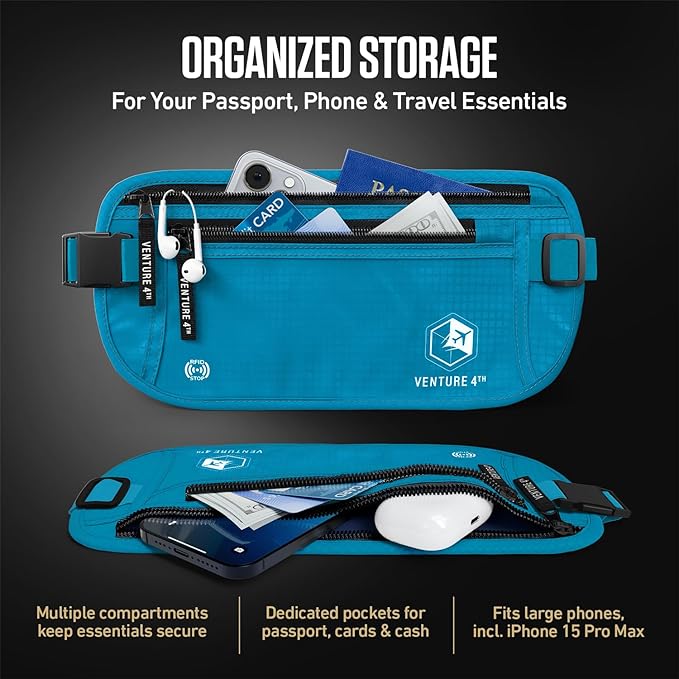 VENTURE 4TH Travel Money Belt - Slim Passport Holder RFID Blocking Travel Pouch to Protect Cash, Credit Cards and Travel Documents (Blue)