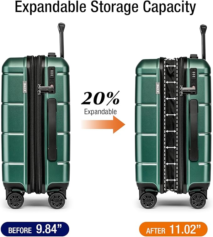 KYME Carry On Luggage 22x14x9 Airline Approved Expandable Hardshell 20 Inch Suitcase with TSA Lock Carry On Suitcase with Wheels Small Travel Rolling Luggage with Cup Holder for Men Women Green
