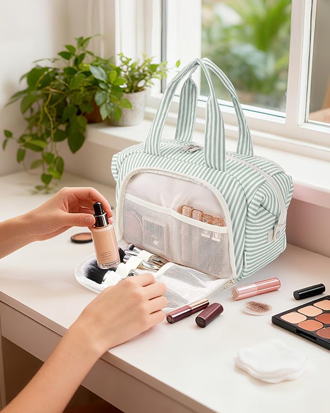 Narwey Travel Toiletry Bag for Women, Wide Open Large Makeup Bag, Cosmetic Bag Make Up Organizer with Handle, Wet Pocket for Towel, Travel Bag for Toiletries, Brushes, Essentials (Mint Green Stripe)