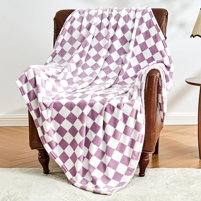 Checkered Blanket Flannel Throw Blankets Soft Cozy Checkered Grid Print Chessboard Gingham Pattern Throws for Bed Sofa Couch for All Seasons, 60x80 Inch, Purple