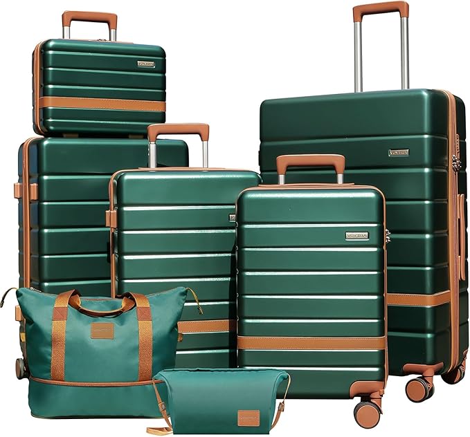 7 Piece Luggage Set for Family Travel, Lightweight Hardshell PC+ABS Suitcases set, Suitcase with 8 Smooth Spinner Wheels, TSA Lock, YKK Zippers(Green)