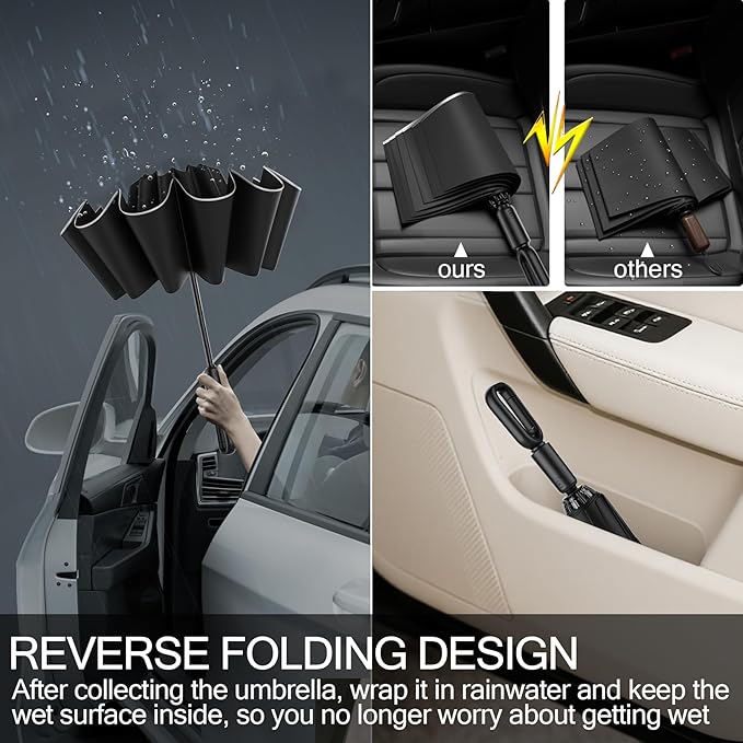 Windproof Compact Travel Umbrella,Large Strong but Light Portable and Automatic Folding Rain Umbrella, small inverted for travel size