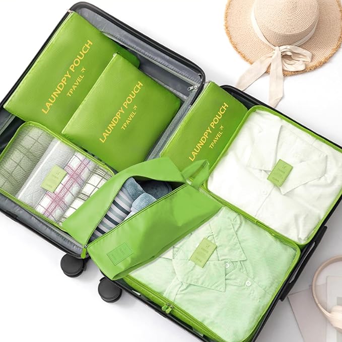 7 Set Packing Cubes for Travel Luggage Packing Bags Reusable Waterproof Suitcase Organizer Bags Set with Shoe Bag and Toiletry Bag (Green)