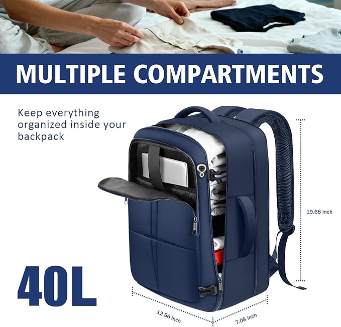 tazbuzo Travel Backpack, Extra Large 50L Flight Approved Carry on Backpack, Expandable Waterproof Business Suitcase Daypack Big Bag Fits 18.4 Inch Laptop, Blue