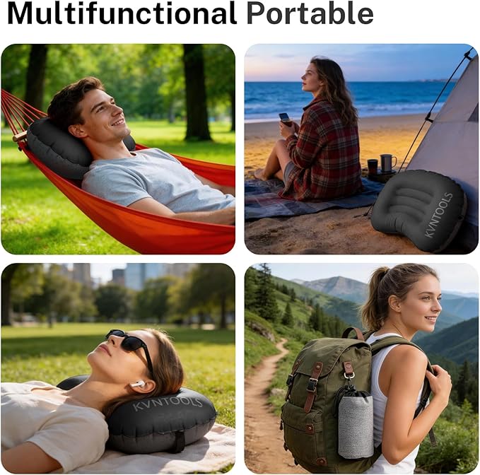Camping Pillow-Compressible, Ultralight Inflatable,Compact, Comfortable, Ergonomic Inflating Pillows for Neck & Lumbar Support While Camp, Hiking(Black,with Anti Slip Straps)