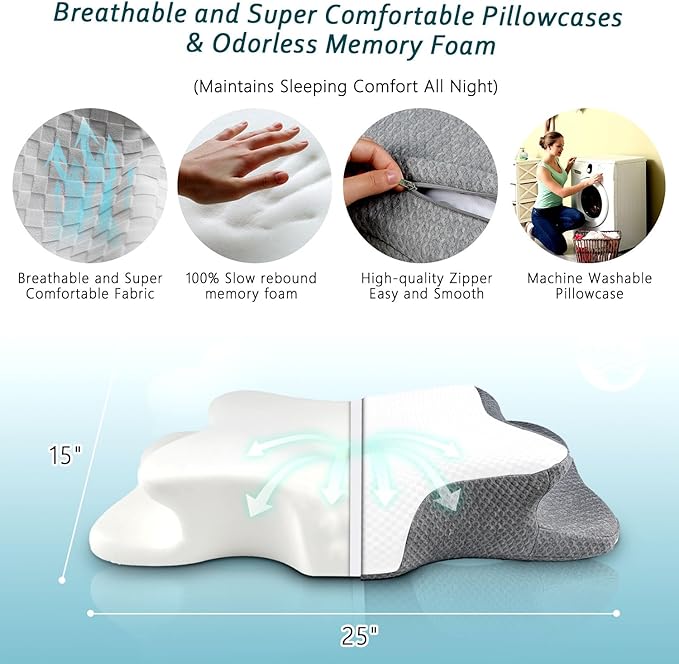 Cervical Neck Pillow for Pain Relief Sleeping, Memory Foam Pillows, Ergonomic Side Sleeper Pillows, Cooling Orthopedic Neck Support Pillow for Back Stomach Sleepers-Queen Size White&Grey