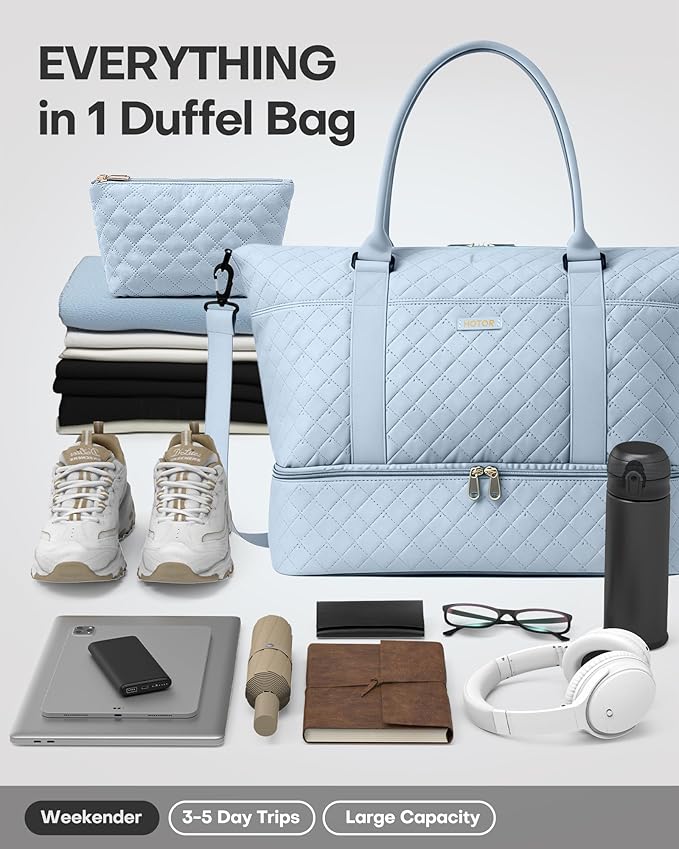 HOTOR Travel Duffel Bag - Weekender Bags for Women, Gym Tote Bags with Shoe Compartment, Carry On Overnight Bag with Toiletry Bag for Travel Essentials and Travel Accessories, Blue, 15.8"×18.1"×8.7"