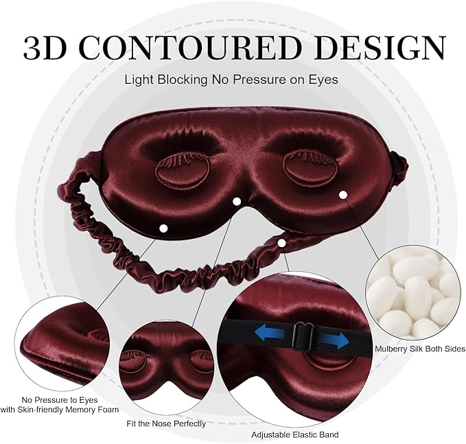 ZIMASILK Adjustable 22 Momme 100% Pure Mulberry Silk Sleep Mask, 3D Contoured Cup Eye Mask for Sleeping, Super Soft Breathable Blindfold, Perfect Blocks Light for Sleeping (Burgundy)