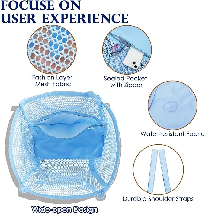 Fammart Mesh Beach Bag, Large Beach Tote with Zipper Pocket, Toys Pool Bag for Family Travel Vacation Cruise Essentials