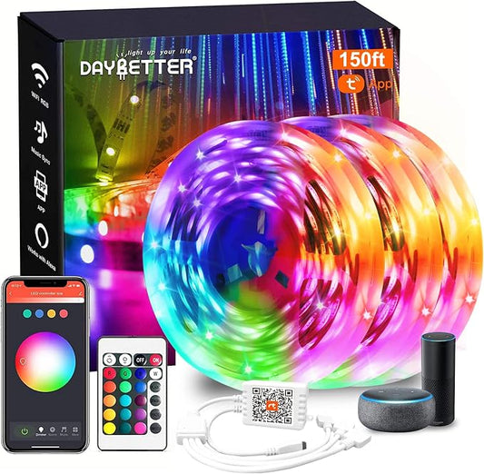 DAYBETTER Smart WiFi LED Strip Lights 150ft (3x50ft), RGB Color Changing, Alexa Google Voice Control, Music Sync, App Remote, Indoor Home Decor for Bedroom Gaming Room Party | Tuya App controlled with schedule. Works with Alexa and Google. Music sync, ...